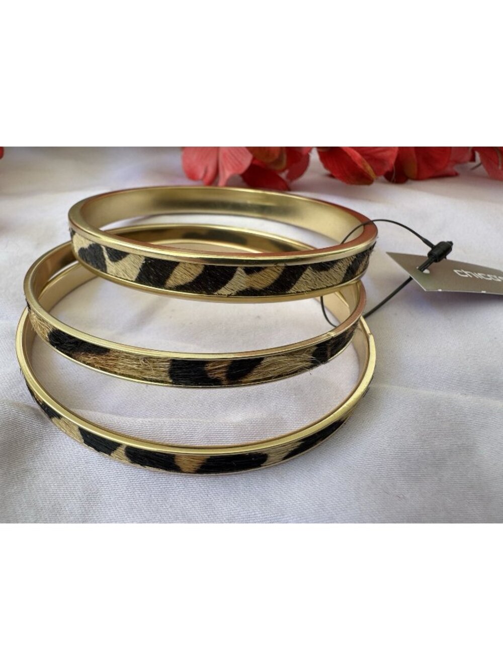 CHICO'S Stackable Leopard Animal Bangle Thin Gold-Tone Bracelet Set of 3 NEW
